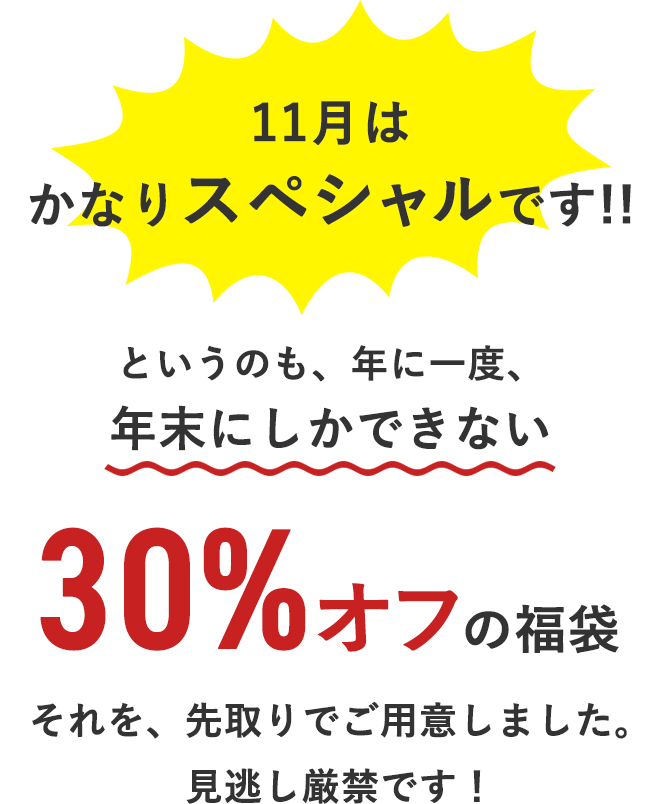 11月はかなりスペシャルです!!
		というのも、年に一度、年末にしかできない
		＼＼30％オフの福袋／／
		それを、先取りでご用意しました。
		見逃し厳禁です！