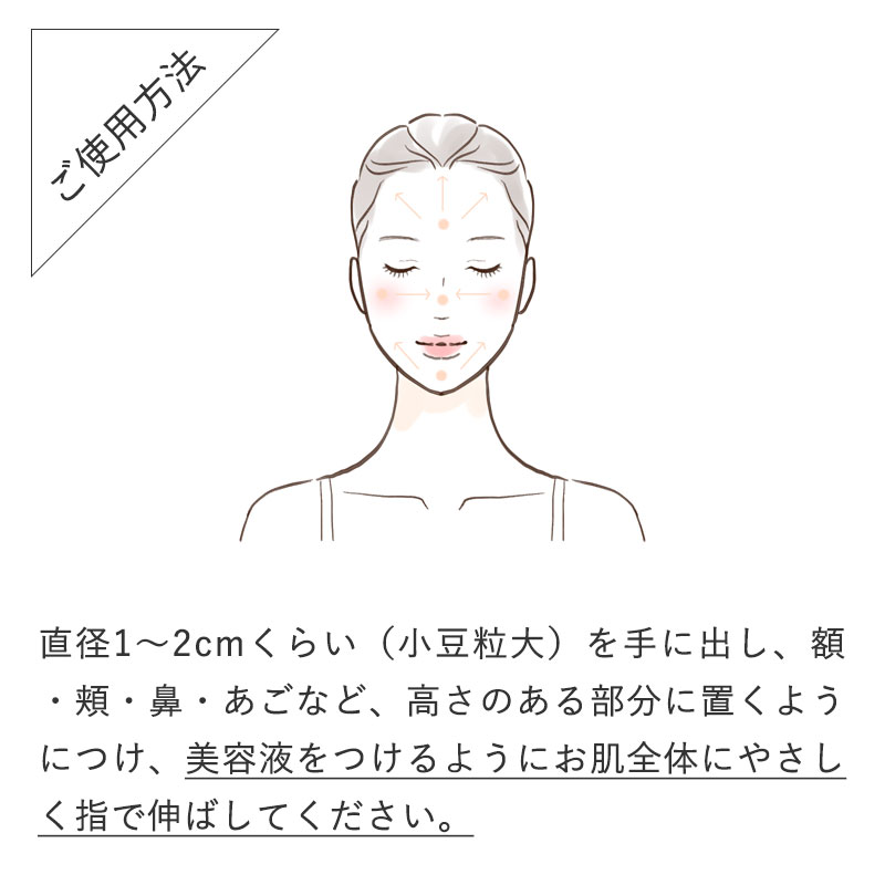 ご使用方法
		直径1～2cmくらい（小豆粒大）を手に出し、額・頬・鼻・あごなど 高さのある部分に置くようにつけ、美容液をつけるようにお肌全体にやさしく指で伸ばしてください。