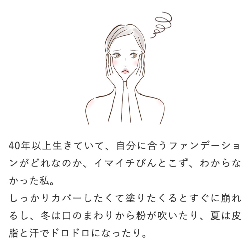 40年以上生きていて、自分に合うファンデーションがどれなのか、イマイチぴんとこず、わからなかった私。
		しっかりカバーしたくて塗りたくるとすぐに崩れるし、冬は口のまわりから粉が吹いたり、夏は皮脂と汗でドロドロになったり。