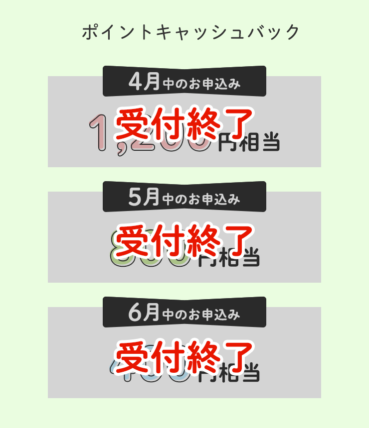 4月中のお申込み　⇒　1,200円相当
		5月中のお申込み　⇒　800円相当
		6月中のお申込み　⇒　400円相当