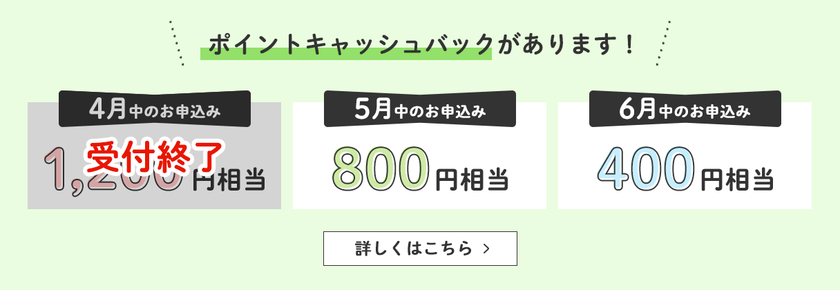 ポイントキャッシュバックがあります！
		4月中のお申込み　⇒　1,200円相当
		5月中のお申込み　⇒　800円相当
		6月中のお申込み　⇒　400円相当