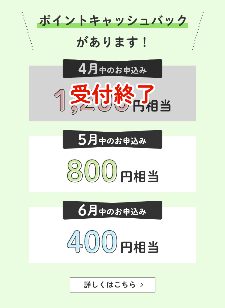 ポイントキャッシュバックがあります！
		4月中のお申込み　⇒　1,200円相当
		5月中のお申込み　⇒　800円相当
		6月中のお申込み　⇒　400円相当