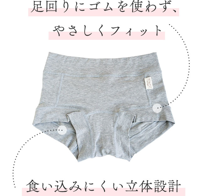 ★足回りにゴムを使わず、やさしくフィット
		★食い込みにくい立体設計
