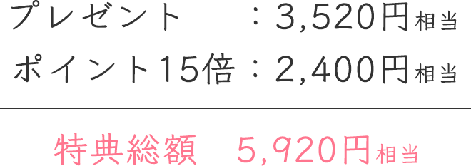 プレゼント：3,520円相当
		ポイント15倍：2,400円相当
		------------------------------
		特典総額　5,920円相当