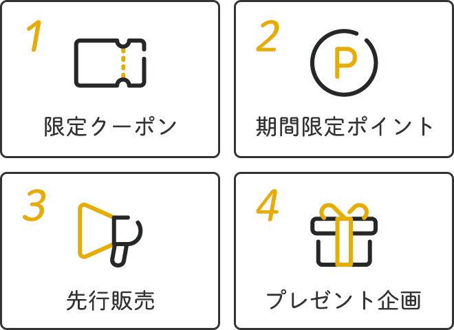 ①限定クーポン
		②期間限定ポイント
		③先行販売
		④プレゼント企画