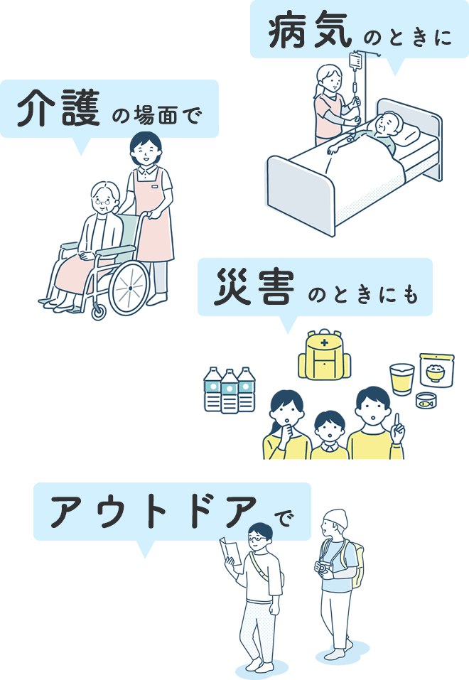 病気　のときに
		介護　の場面で
		災害　のときにも
		アウトドア　で