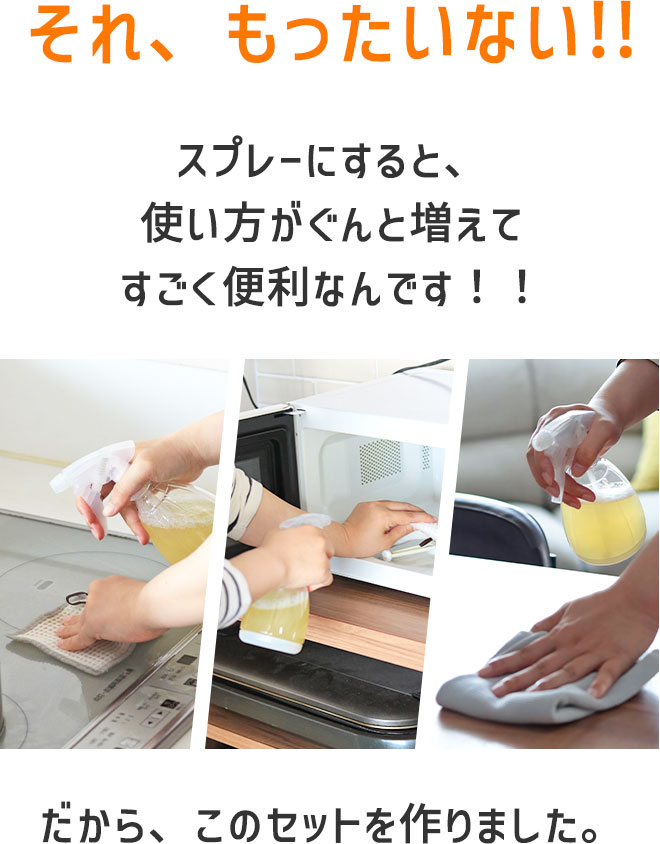 それ、もったいない！！
		スプレーにすると、使い方がぐんと増えてすごく便利なんです！！
		だから、このセットを作りました。
