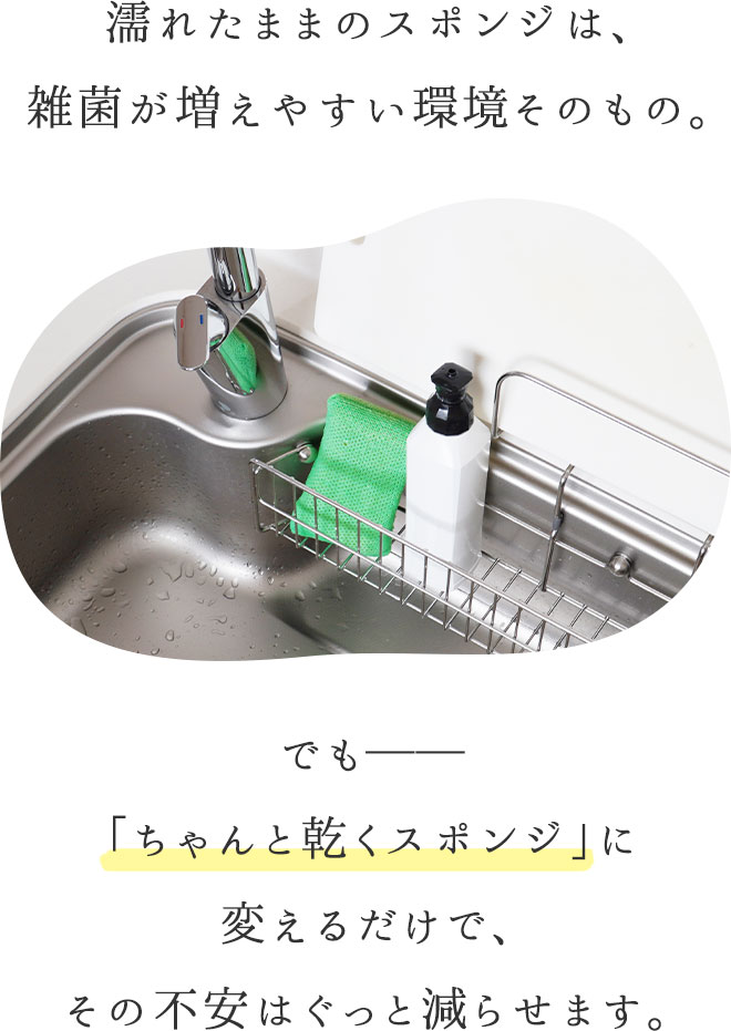 濡れたままのスポンジは、雑菌が増えやすい環境そのもの。

		でも——
		「ちゃんと乾くスポンジ」に変えるだけで、
		その不安はぐっと減らせます。