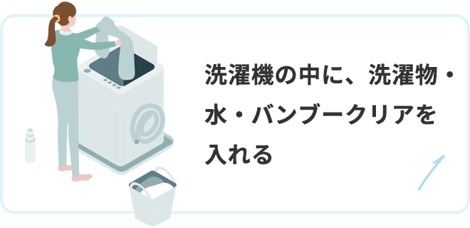 1.洗濯機の中に、洗濯物・水・バンブークリアを入れる