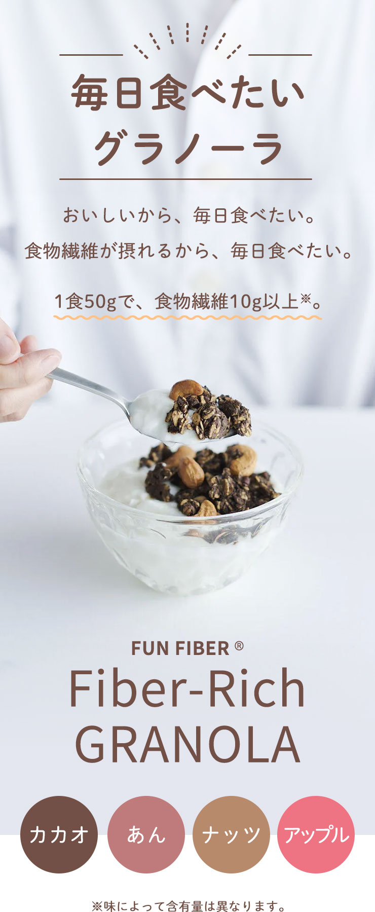  毎日食べたいグラノーラ
	おいしいから、毎日食べたい。
	食物繊維が摂れるから、毎日食べたい。
	1食50gで、食物繊維10g以上※。
	FUN FIBER® Fiber-Rich GRANOLA
	カカオ｜あん｜ナッツ｜アップル
	※味によって含有量は異なります。